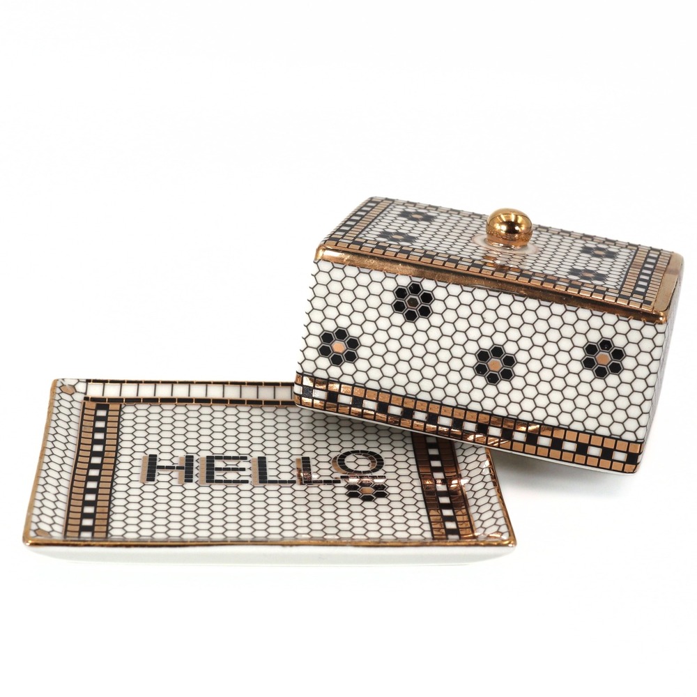 Anthropologie Bistro Tile Hello Butter Dish White Gold Mosaic Retired French